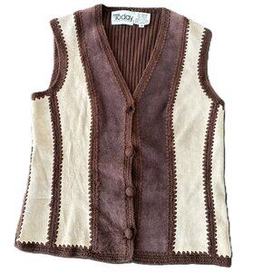 Vintage 1970s Vest -  Suede and Knit with Crochet Trim Brown Tan MS Today
